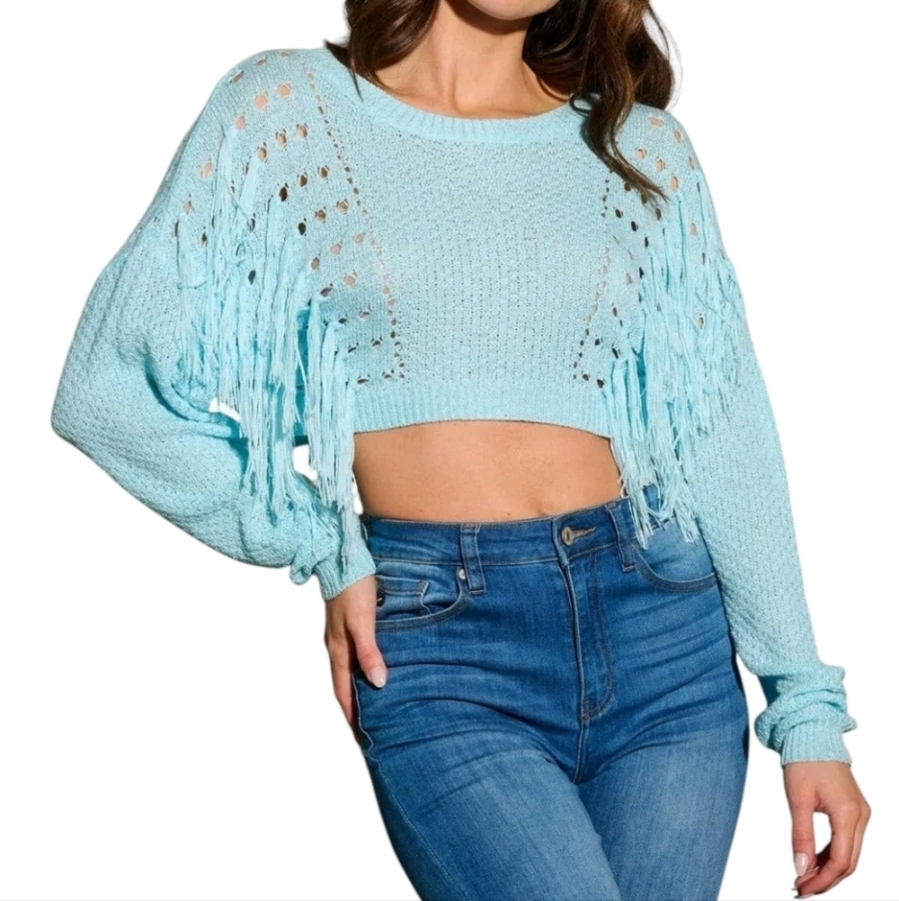 Hot & Delicious Blue Long Sleeve Fringe Cropped Knit Sweater